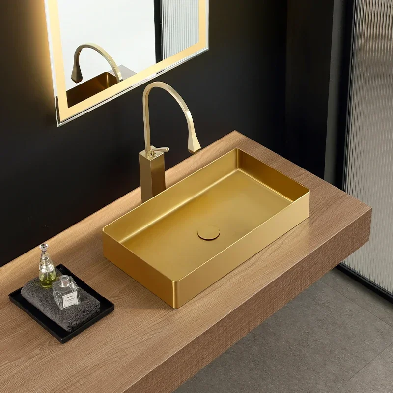 

Rectangular stainless steel wash basin single basin bar gold countertop basin light luxury bathroom washbasin