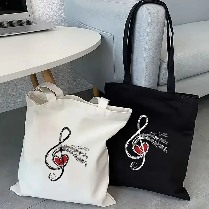 

Minimalist Music Note and Red Heart Print Canvas Handbag, Unisex Handbag No-Closure Shopping Bag, Ideal Gift for Friends