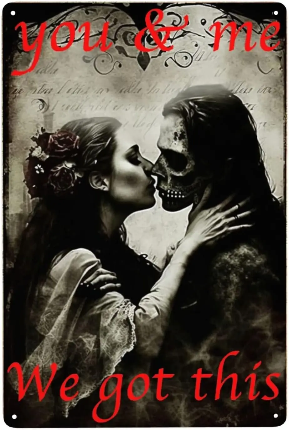 Gothic Bride Metal Tin Sign  - Skeleton Kiss Wall Art for Bars ; Weddings, Vintage Romance Quotes with Gloomy Aesthetic (Hallowe