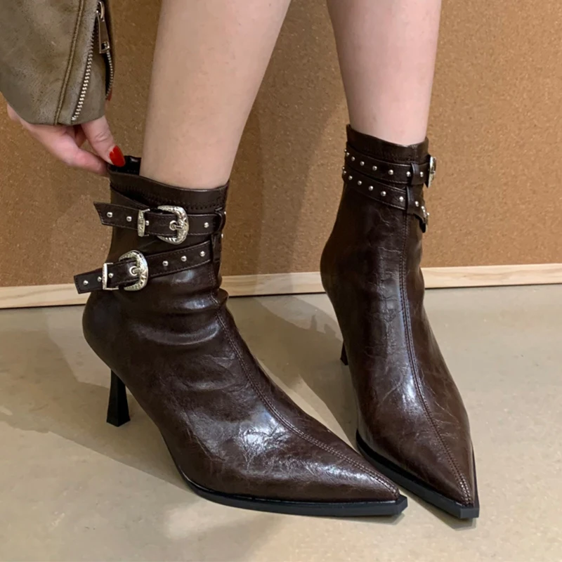 

Sexy High Heels Women's Boots Pointed Toe Shoes Winter Chelsea Leather Boots 2025 Luxury Brand Pumps Buckle Ankle Botas Mujer