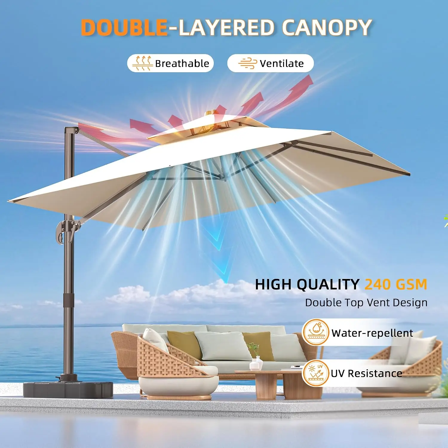 10' X 13' Outdoor Patio Umbrella Large Rectangle Cantilever Umbrella with Base Included, Heavy Duty 360°Rotation, Customized