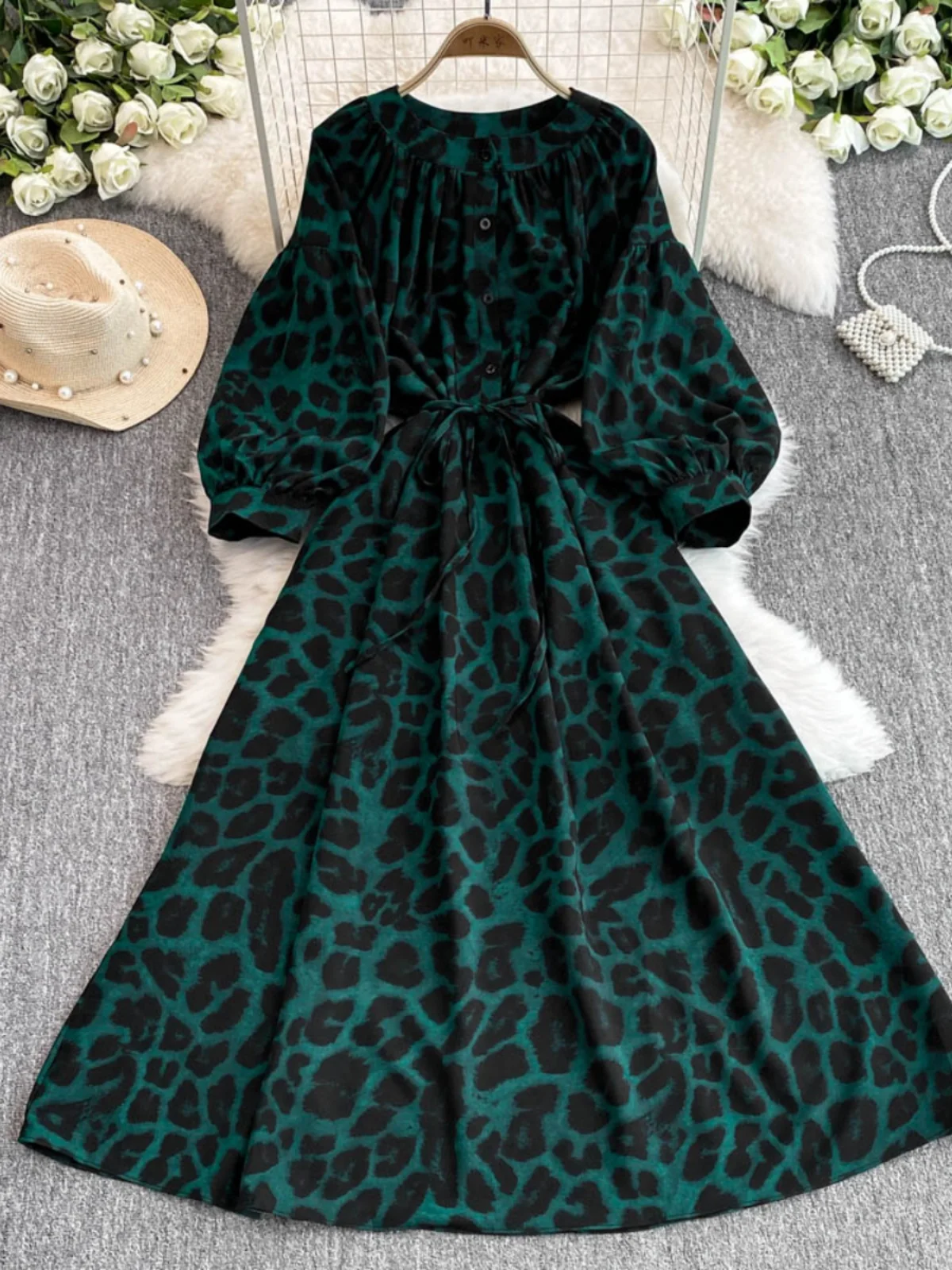 Faionable ronde Ne Lantern Sve Dr losse taille cinched hoge taille print A-lijn rok Koreaanse Sle herfstkleding voor Yo...