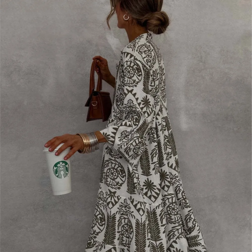 2025 Abito da donna con scollo a V Boho con stampa Abito camicia a trapezio Patchwork Manica a 3/4 Casual Vacanza al mare Abiti con gonna al ginocchio