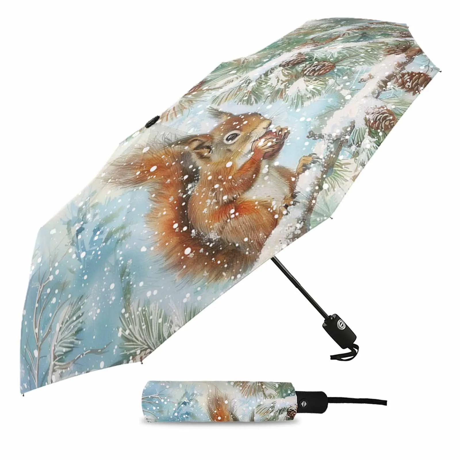 Christmas Winter Squirrel Snowflake Pine Tree Fully-automatic Umbrella for Outdoor Adults Foldable Eight Strand Umbrella