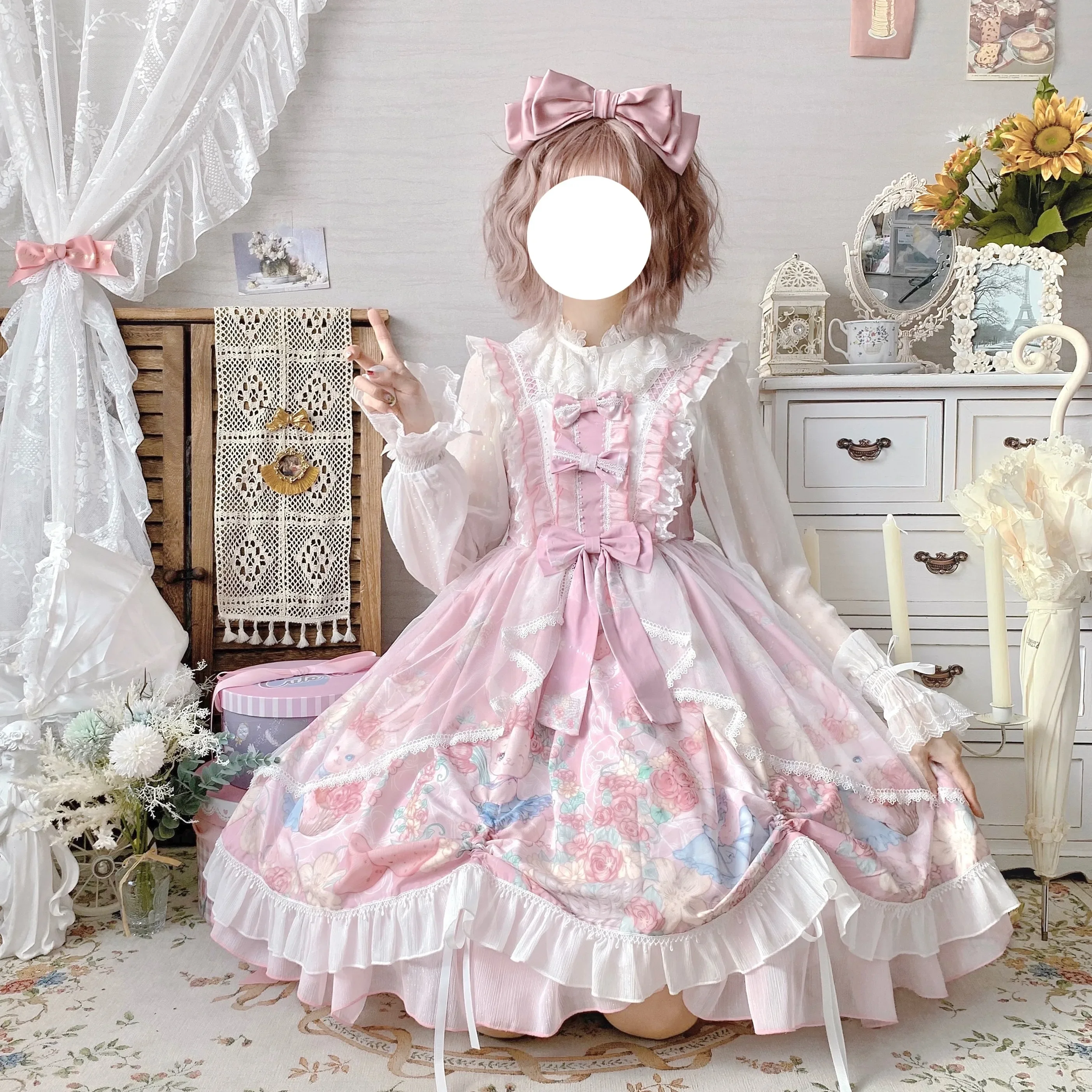 Luxurious Pink Kawaii Girl Lolita Wreath Bunny Tail Trailer Rabbit Girl Dress Cute Vintage Jsk Sleeveless Bow Princess Tea Party