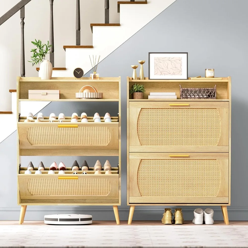 

Rattan shoe cabinet, shoe cabinet with 2 flip drawers, shoes cabinet with entrance, shoes cabinet with adjustable shelves