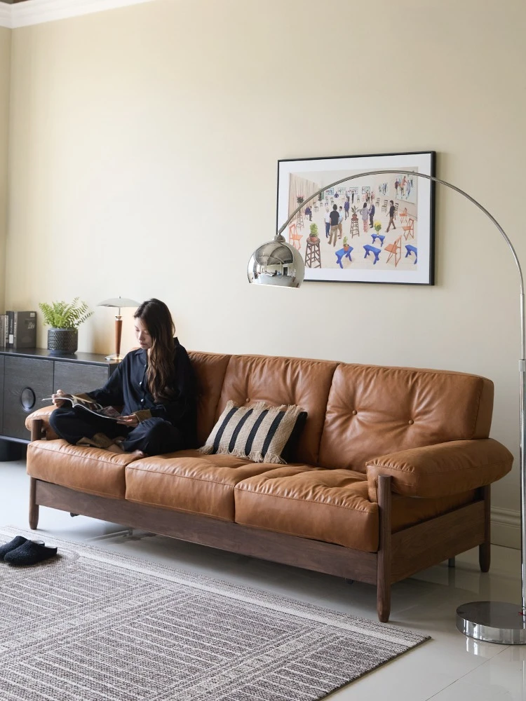 Rhine sofa bed, Bauhaus retro oil wax imitation leather walnut triple folding sofa bed