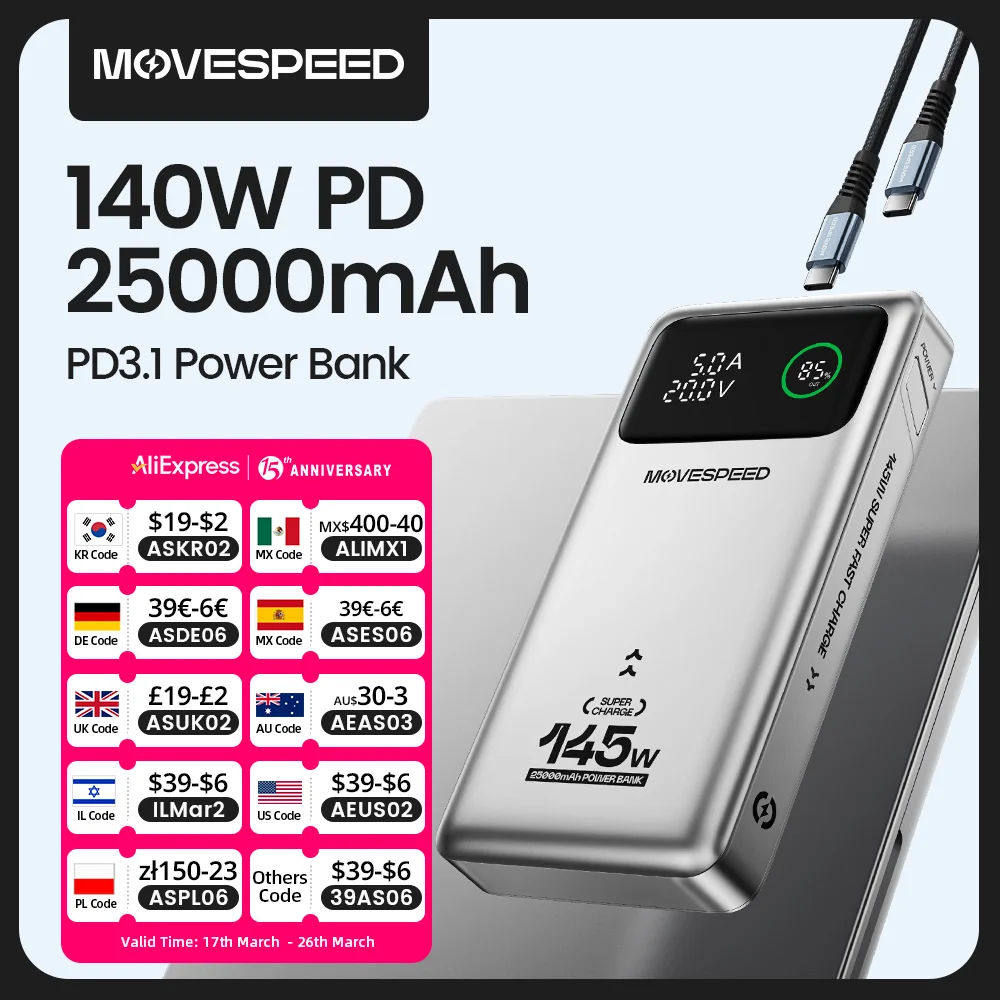 MOVESPEED M25Pro 140W Power Bank 25000mAh Type C Fast Charge Portable External Battery 100W PowerBank for iPhone MacBook Laptop