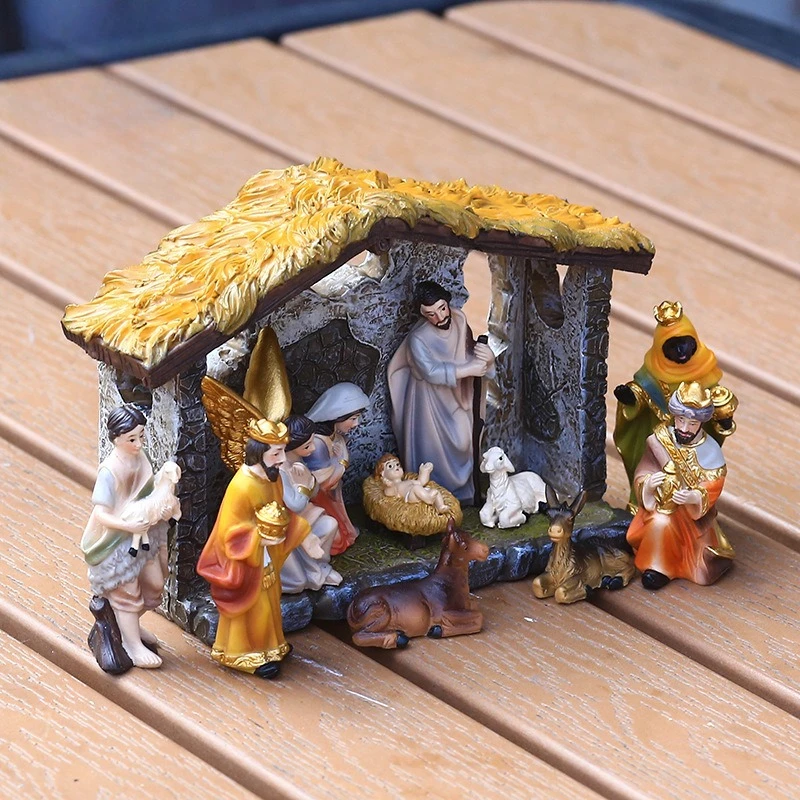 

Набор рождественских корыто высотой 8,5 см, украшение для сцены, подарочная коробка, праздничный подарок, поделки из смолы, статуи Богоматери Иисуса