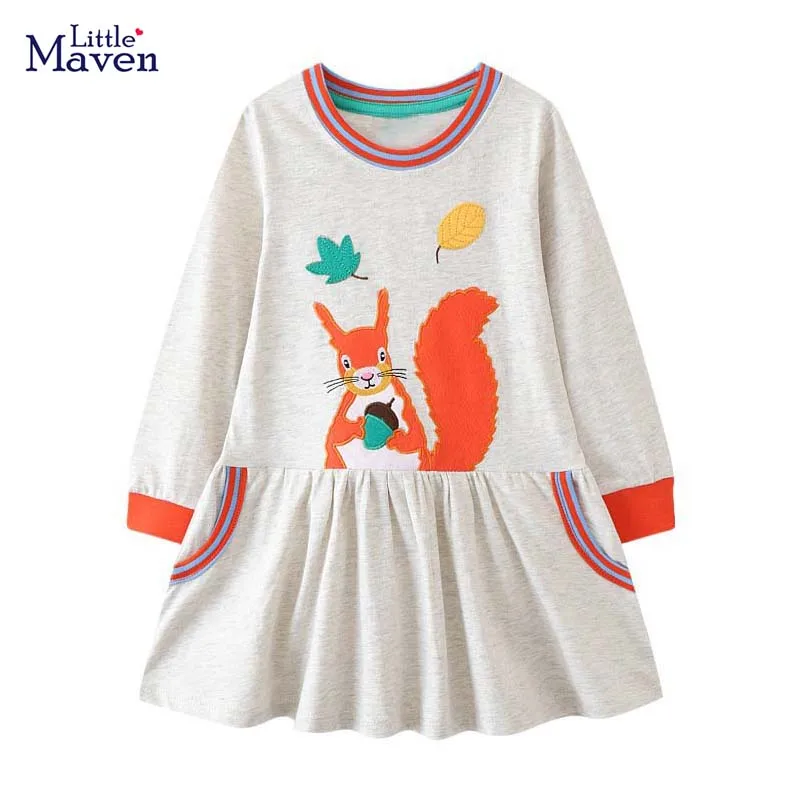 Little maven Long Sleeves Dress Light Color with Squirrel Lovely Children Autumn Casual Clothes for Kids 2-7 year