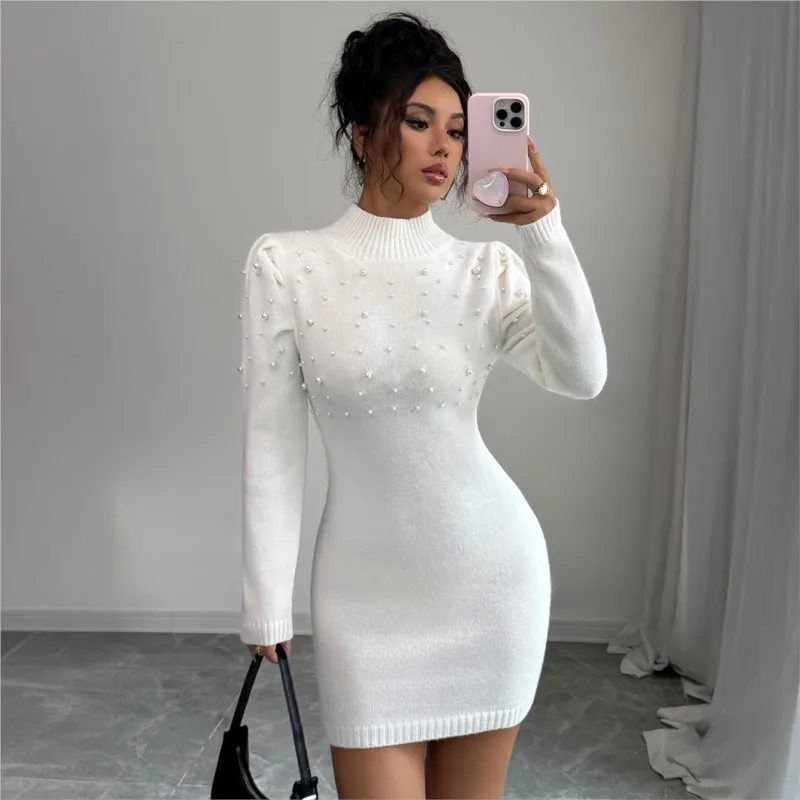 

Ladies Casual Solid Slim Fit Dress Winter Elegant Pearls Round Neck Long Sleeve Hip Wrap Dress 2025 Autumn Women Sweater Dresses