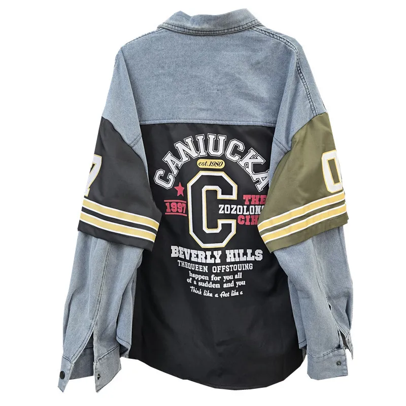 

Trendy American Style Casual Heavy Retro Color-Block Printed Denim Shirt for Women Loose Slimming Top Jacket Trendy Shirts