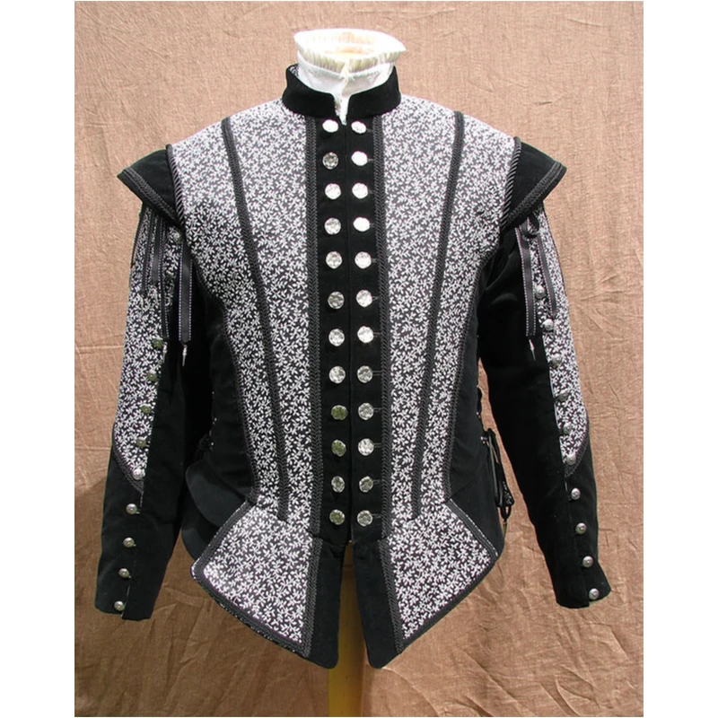 

Custom Made Tudor Floral Black Doublet Costume Henry King Historical Top Jacket Sleeves Removable