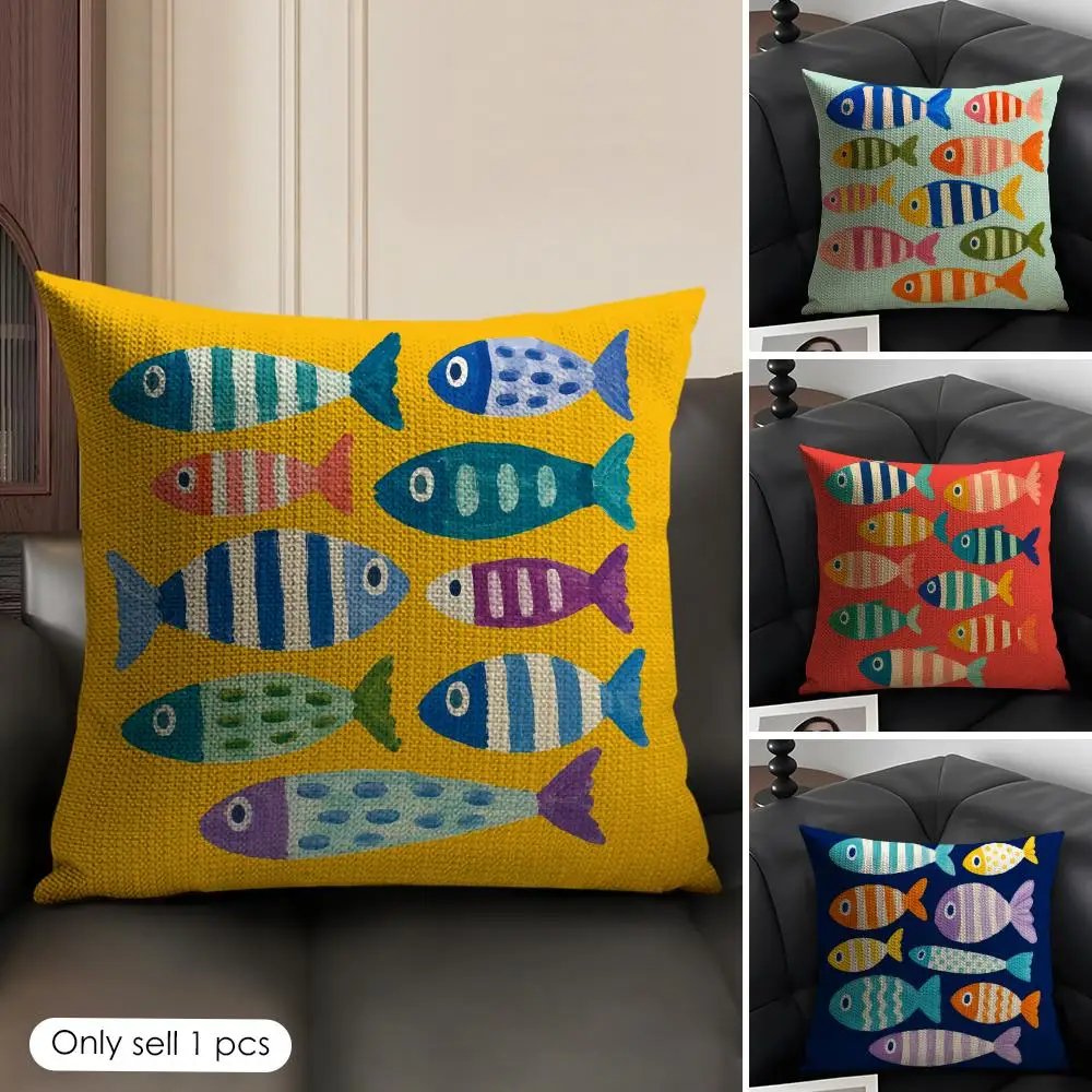 Sardine Graphic Cushion Cover Linen Organic Fabric Double-Sided Printing Sofa Breathable Home Decor Gift Pillow Case