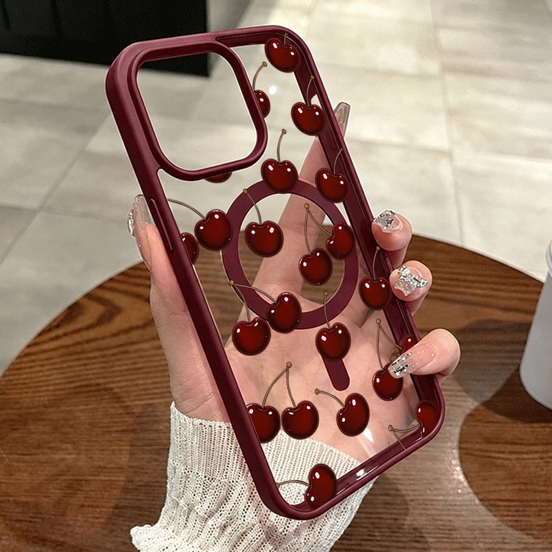2DFLAT Cherry Pattern Magnetic Clear Case For Samsung Galaxy A17 A37 A57 A56 A55 A35 A26 A36 S26 S25 Ultra Plus S24 FE S23 Cover