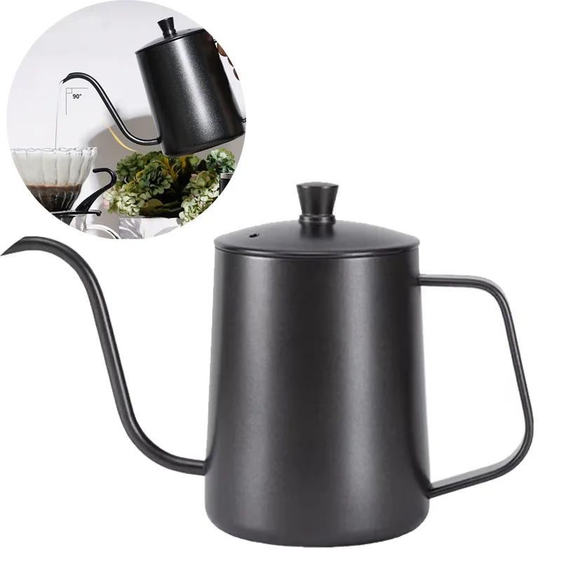 304 Edelstahl-Kaffeekanne, langer, schmaler Auslauf, Tropfkessel, manuelle Übergießkaffeemaschine, Teekanne, 600 ml, mit Deckel