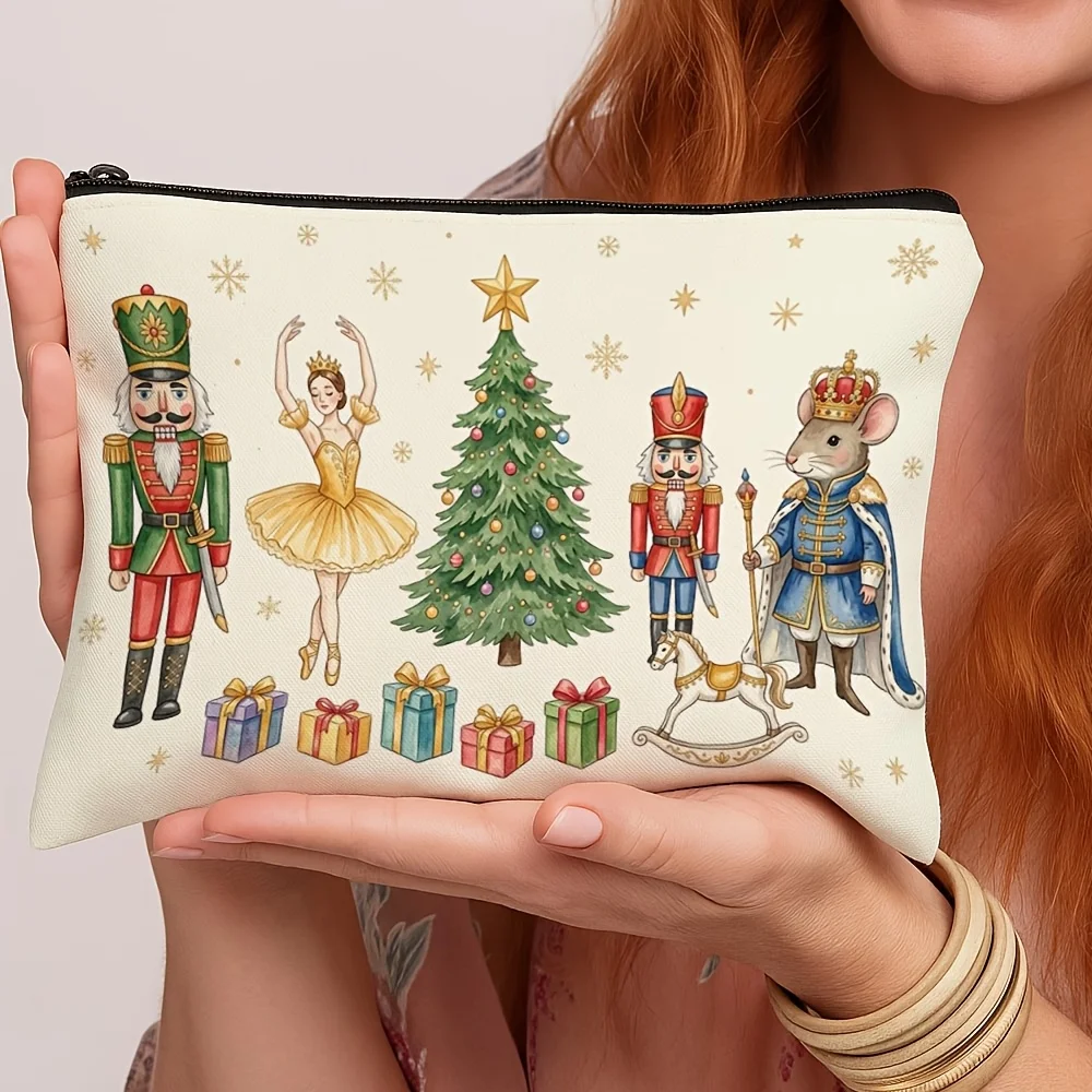 Watercolor Nutcracker Ballet Girl Mouse King Christmas Tree Print Zipper Pouch Snowflake Cosmetic Makeup Bag Travel Storage Gift