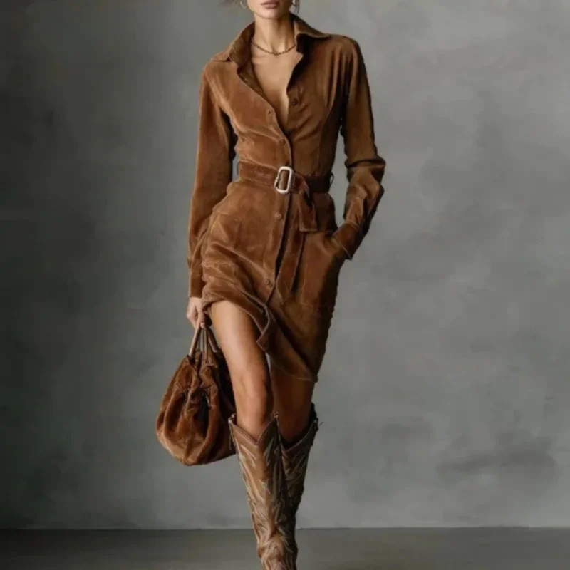 Jesienne seksowne sukienki z zamszu w stylu vintage, eleganckie sukienki koszulowe z kołnierzykiem polo, zapinane na guziki, damskie sukienki mini z długim rękawem i kieszeniami.