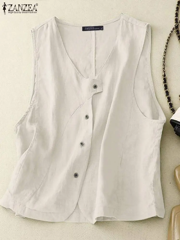 ZANZEA Summer Fashion V Neck Sleeveless Shirt Women Casual Solid Cotton Tanks Tops 2024 Elegant Buttons Down Camis Work Blouse