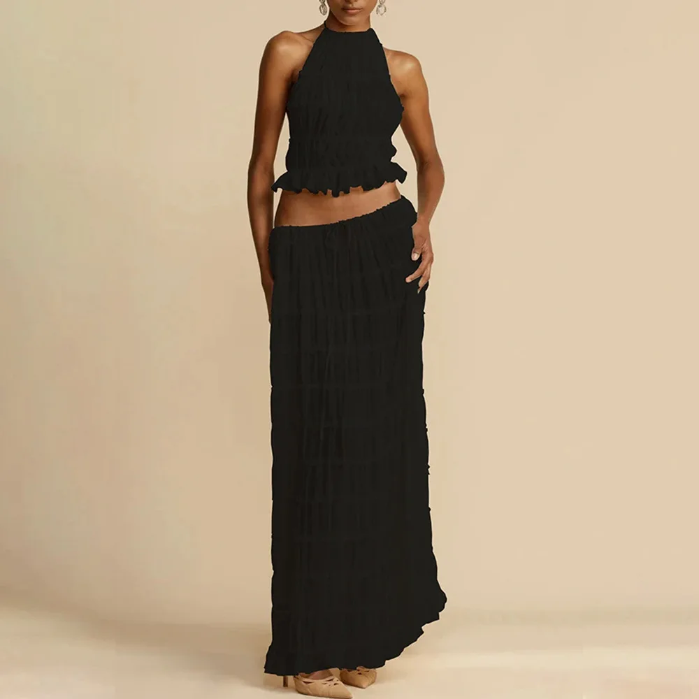 Sexy Halter Pleated Crop Tops Maxi Skirts Set Women Backless Sling Top Lace Up Fold Skirts 2024 Summer 2 Piece Set Beachwear