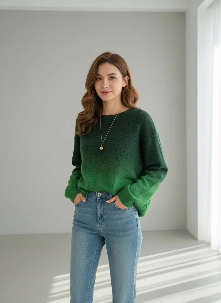 

Женский вязаный свитер-пуловер с градиентом зеленого цвета для весны и осени, новый, свободный крой, с цветовыми блоками, верхняя одежда, повседневный топ