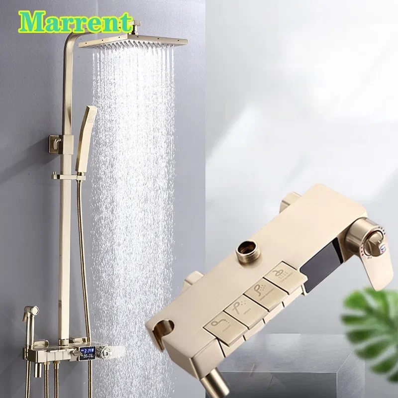 Brushed Gold Brass Piano Bathroom Shower  Faucet with 8 Inches Stainless Rainfall Shower Head Digital Hot and Cold Shower Set