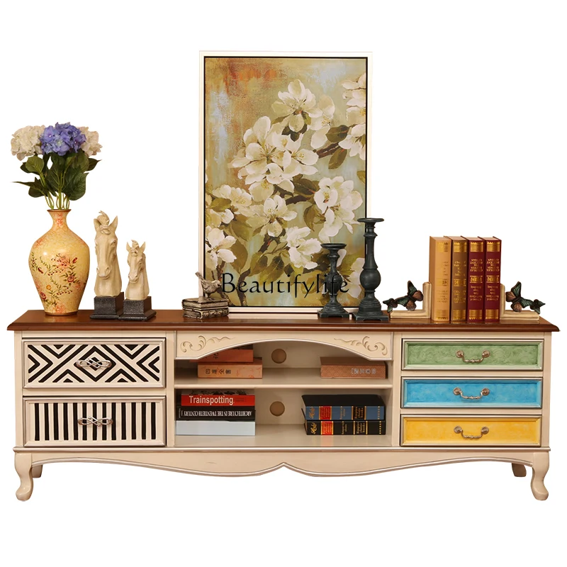 

American furniture country five draw TV cabinet living room retro painted storage Mediterranean TV audio-visual cabinet