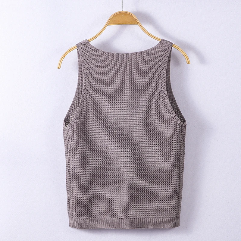 سترة قصيرة محبوكة أنيقة بدون أكمام صيفية للنساء بلون سادة ورقبة دائرية كاجوال مريحة #2