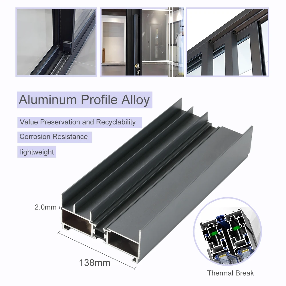 Sixinalu Panel pintu geser pintu aluminium dengan layar Shutter 138mm depan kaca ganda eksterior dekorasi rumah kustom