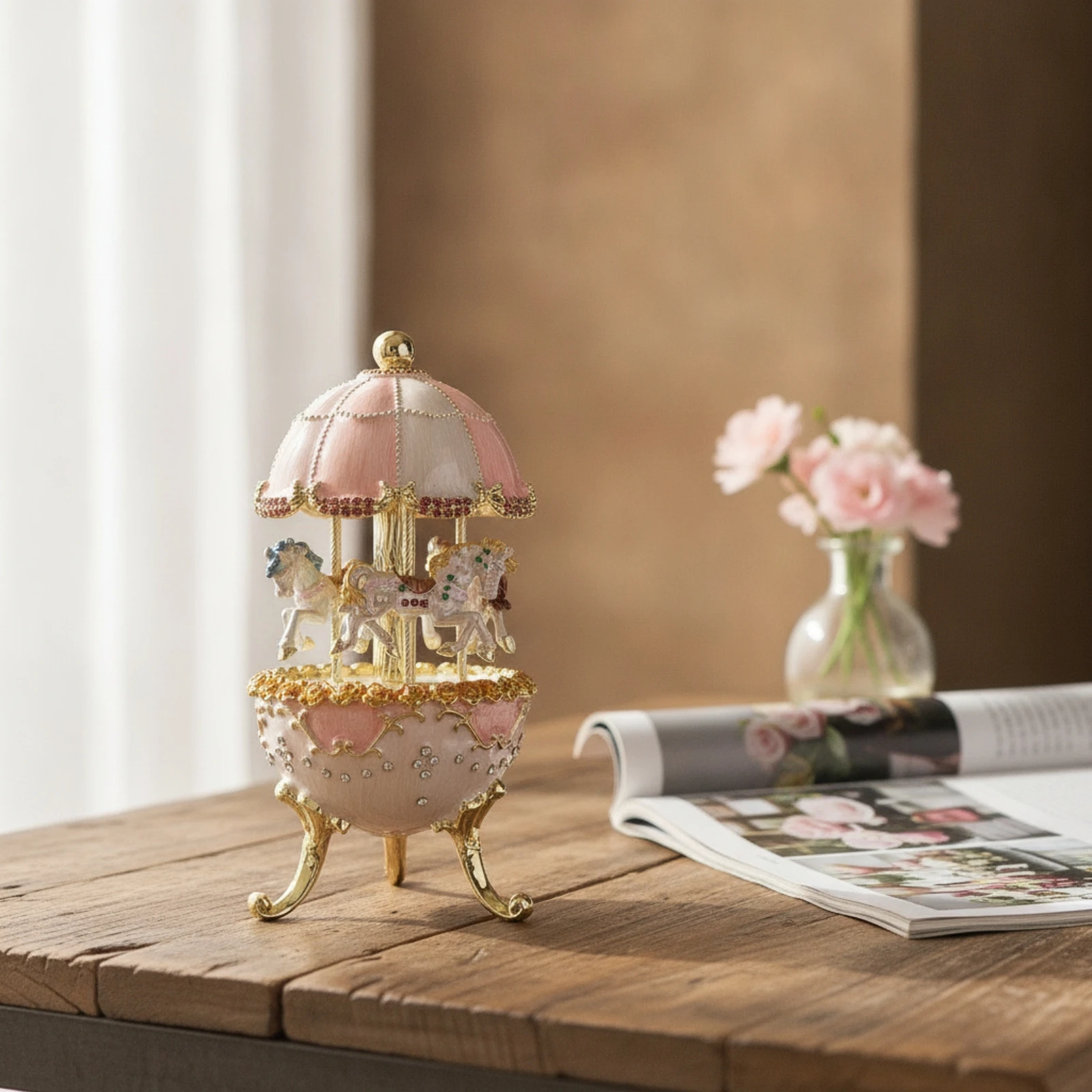 Carousel Melody Box Ornate Melody Box with Horses Ornament Collectible Tabletop Decor Clockwork for Collectors, Shelf, Vanity