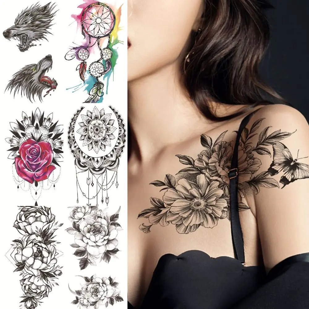 

Black Large Snake Flower Fake Tattoo Sticker for Women Dot Rose Peony Temporary Tattoos DIY Water Transfer Tatoos Girls