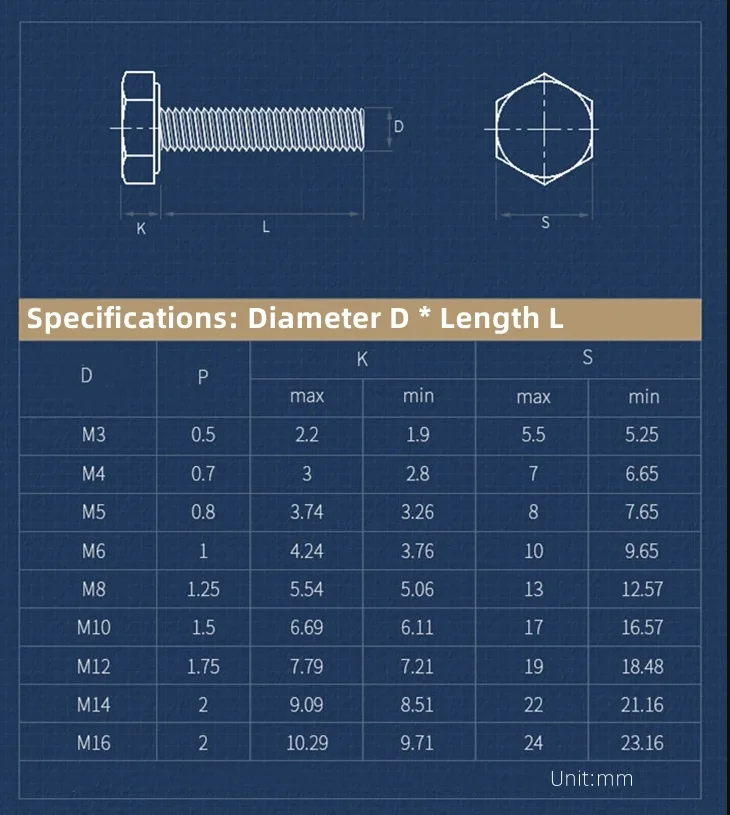 M3 M4 M5 M6 M8 M10 M12 316 Stainless Steel Full Thread External Hex Hexagon Screw Full Tooth Bolt Length 8mm-200mm