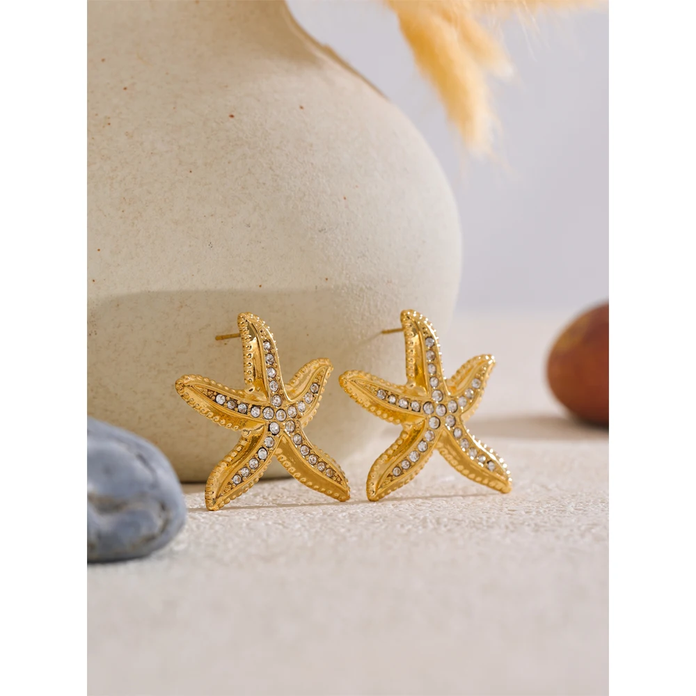 Yhpup Ocean Summer Style Cubic Zirconia Metal Starfish Stud Earrings Stainless Steel Statement Fashion Waterproof Jewelry Gift