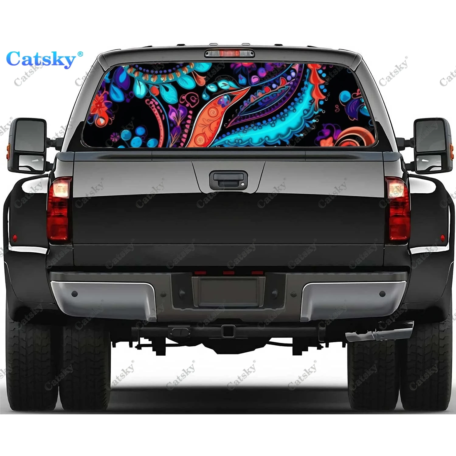 Colorful Paisley Pattern Rear Window Decal Fit Pickup,Truck,Car Universal See Through Perforated Back Windows Vinyl Sticker