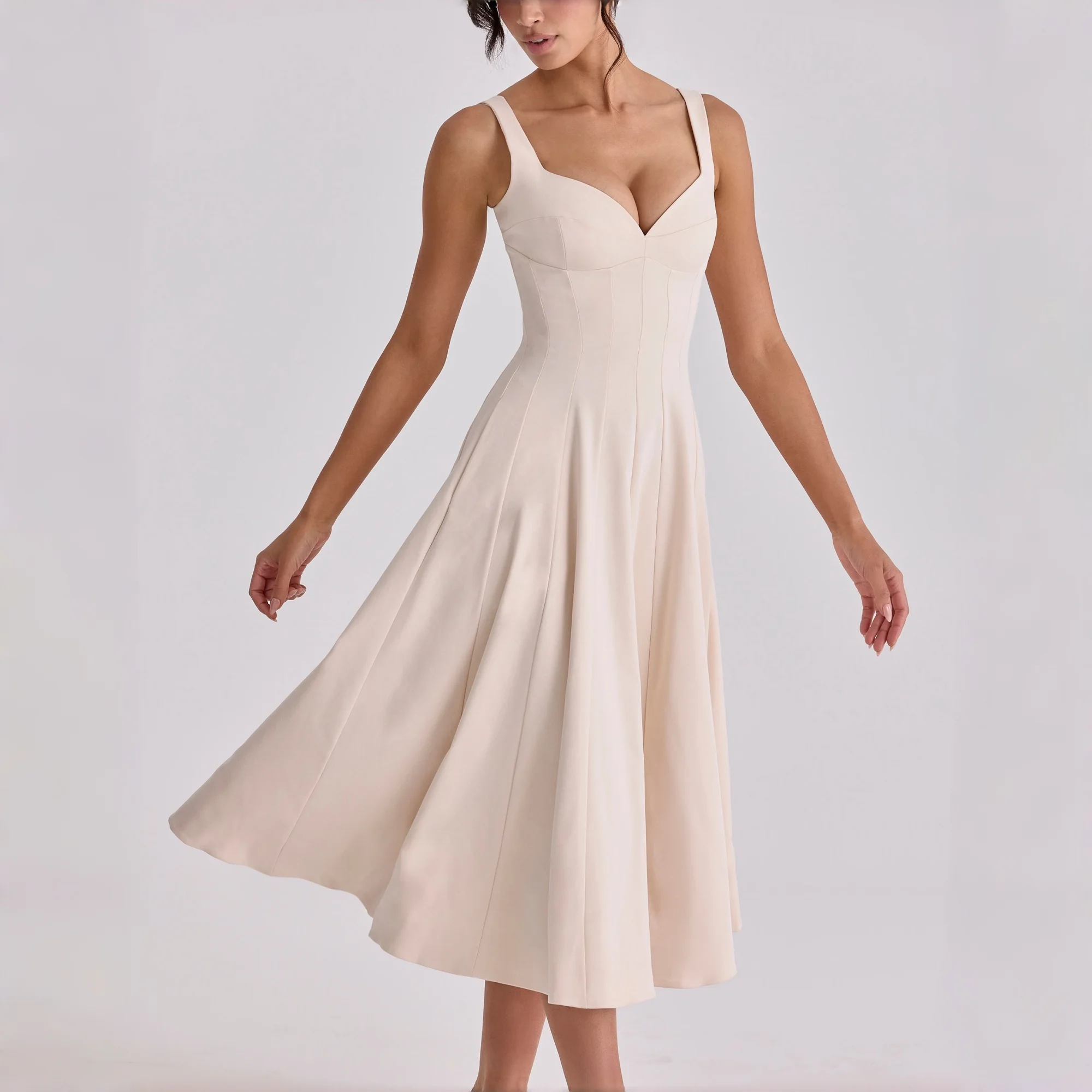 Women's Casual Thick Shoulder Straps A Line Flowy Midi Dresses Party Evening Gown Backless Elegant Wedding Guest Dress
