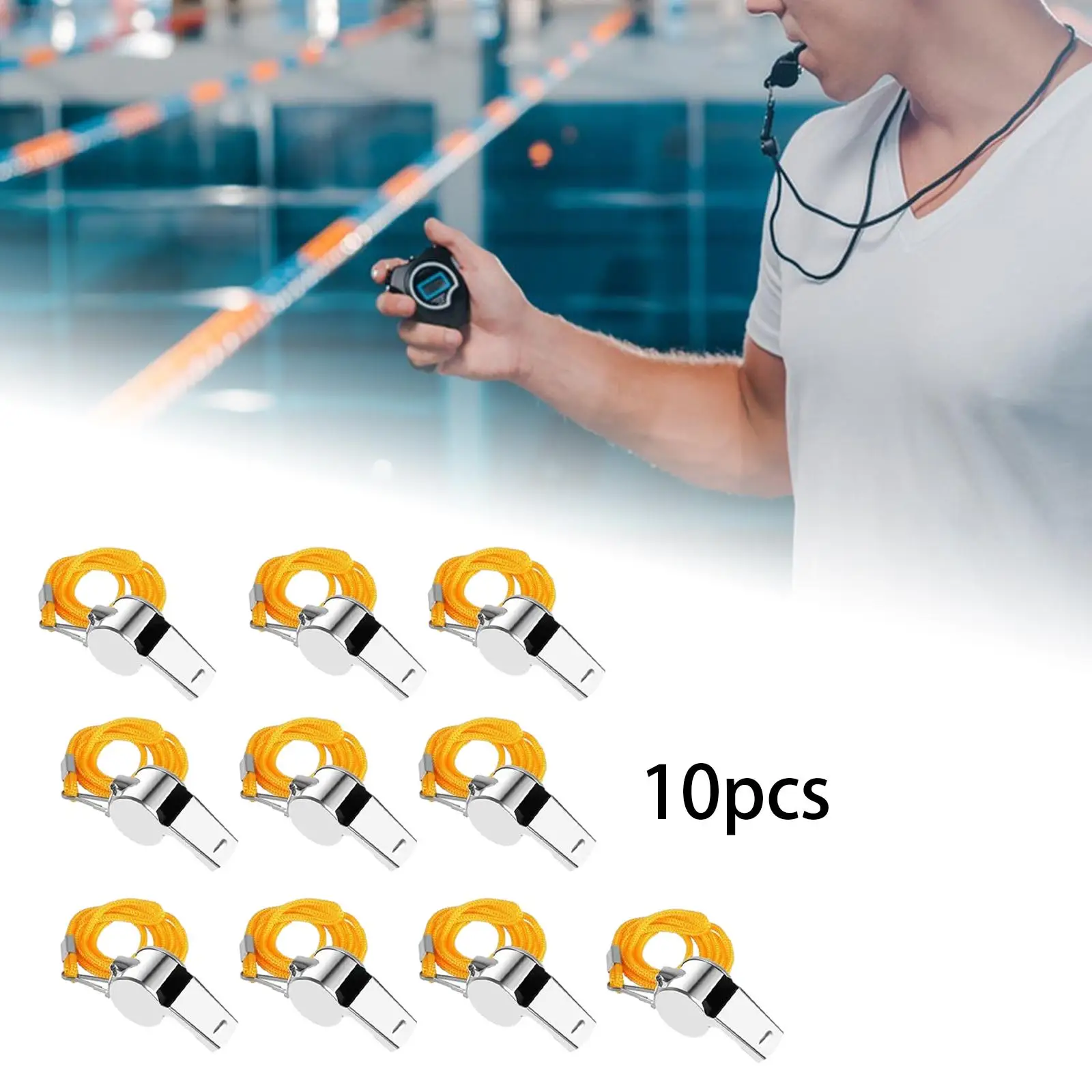 Paquete de 10 silbatos deportivos de acero inoxidable con cordón, sonido fuerte y nítido, a granel, ideal para entrenadores, árbitros y oficiales