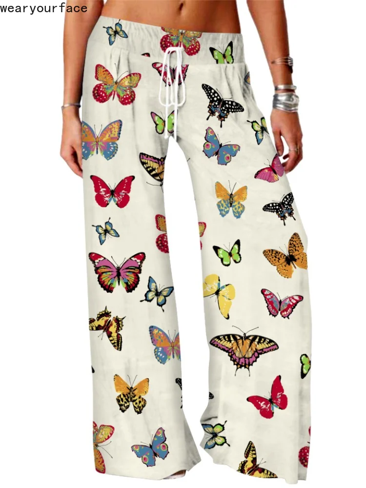 

Wide Leg Pants Full Length Butterfly Graphics Pattern Printed Hipster Fashion Summer Streetwear Trousers Women Clothing