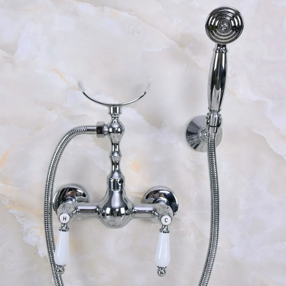 

Polished Chrome Brass Wall Mounted Bathtub Faucet with Handheld Shower Set +150CM Hose Mixer Tap 2na267