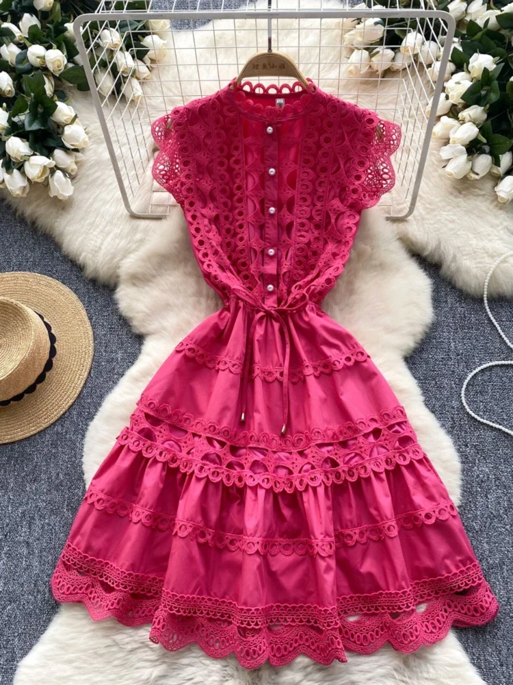 Women Vintage Midi Dress Summer Sleeveless Slim A-line Elgant Evening Party Dresses Ladies Hollow Out Solid A-line Robe Vestidos