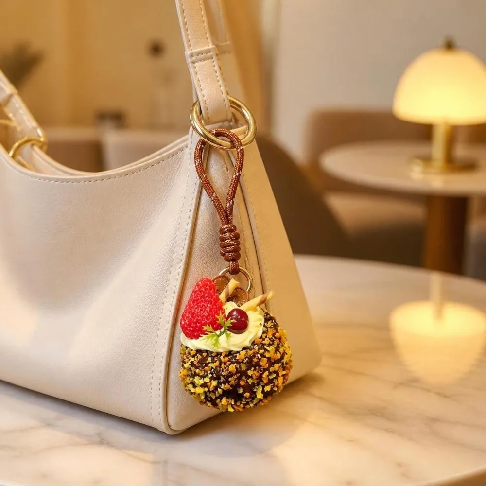 Creative Realistic Simulation Cake Keychain Strawberry Chocolate Fruit Mousse Cake Pendant Decoration Cream Cake Hanging Youth
