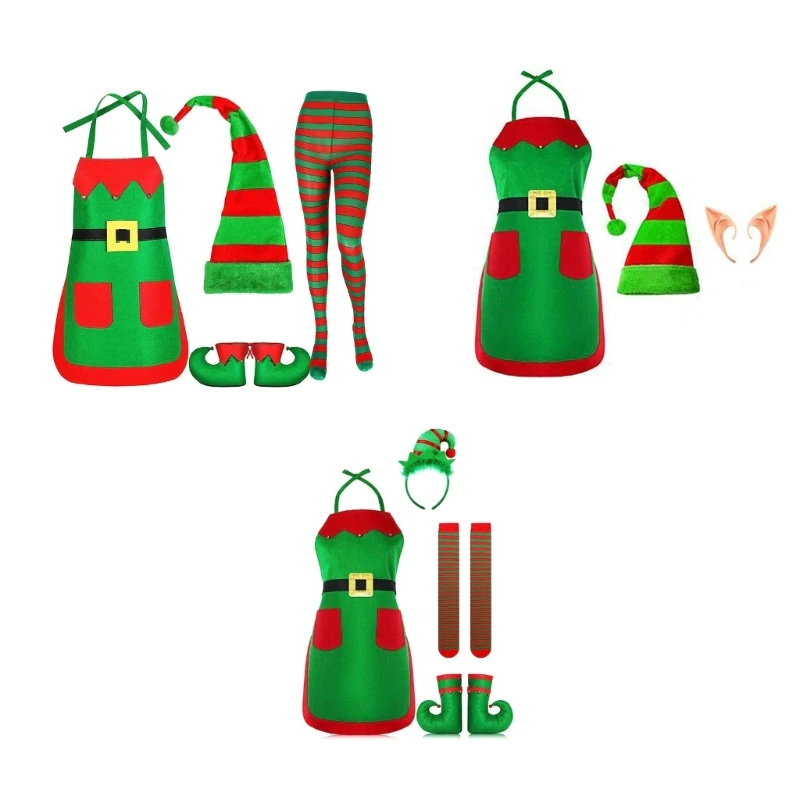 

3/4/5 Pcs Holiday Elf Costume Christmas Apron Hat Elf Ears Stripe Thigh High Socks Shoes Covers Christmas Costume Gifts N7YF