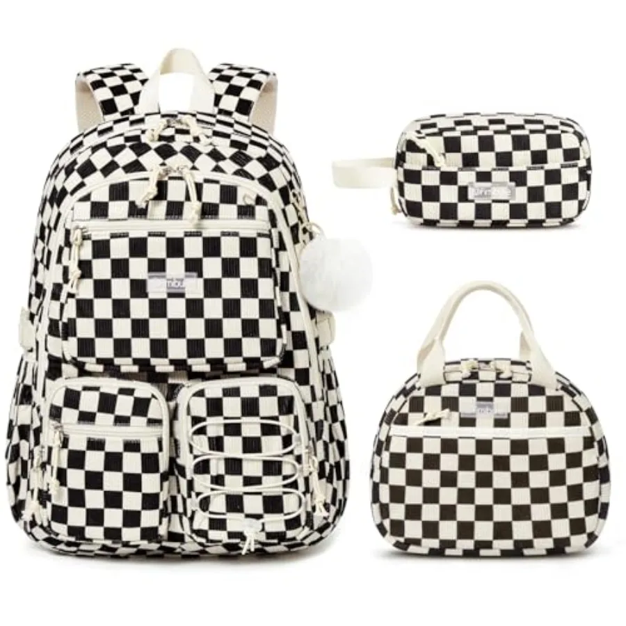 

School Backpack for Girls Boys - 3PCS Corduroy Backpack Set with Lunch Box and Pencil Pouch Lightweight Teen Girls School Bag L