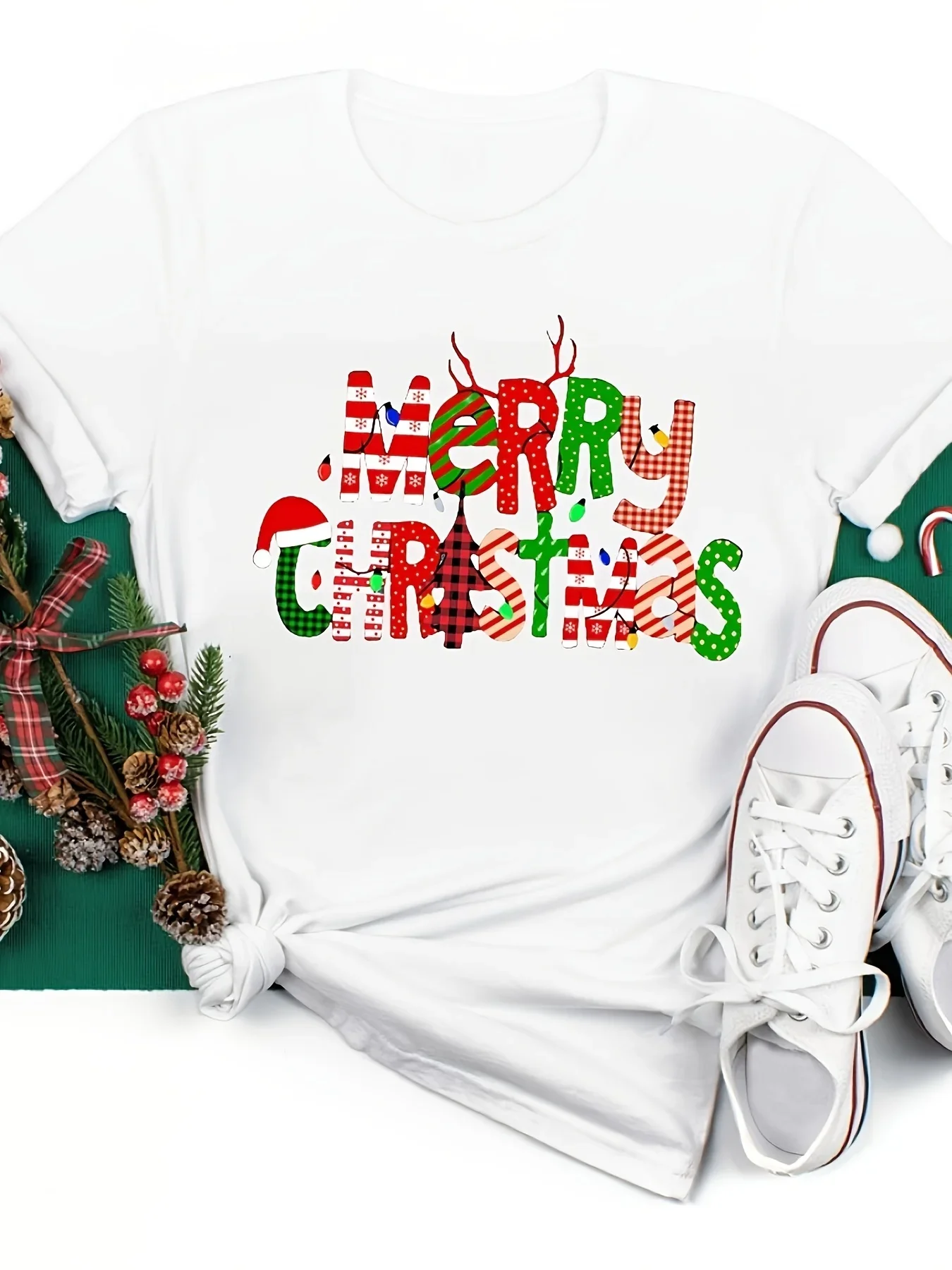 

Женская футболка с рисунком «С Рождеством» и праздничным праздником с леденцами, Холли, снежинки, повседневная с круглым вырезом