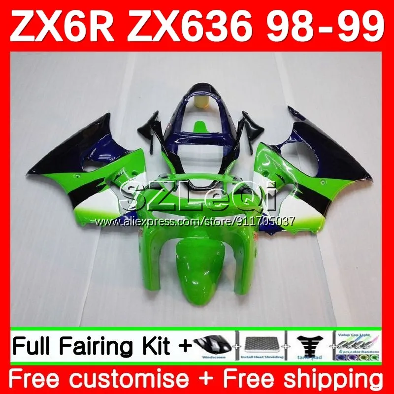 Factory Green Body + Decal For KAWASAKI NINJA ZX 6R 636 6 R ZX-636 600 CC ZX6R 98 99 99No.0 ZX600 ZX-6R ZX636 1998 1999 Fairing