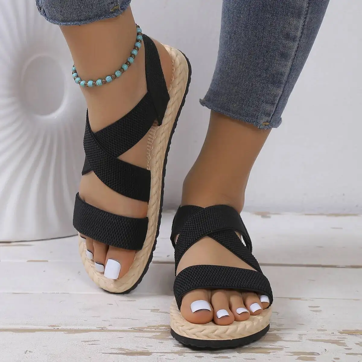 2026 Fashion Women's Trend Anti-slip Wear Comfortable Color Sole Pure Black Shoelace Flat Sandals Women Shoes Sandalias