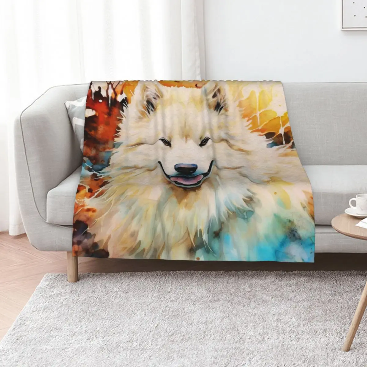 Watercolor Samoyed Throw Blanket Bed Thins Travel Flannel Fabric Soft Beds Soft Blankets