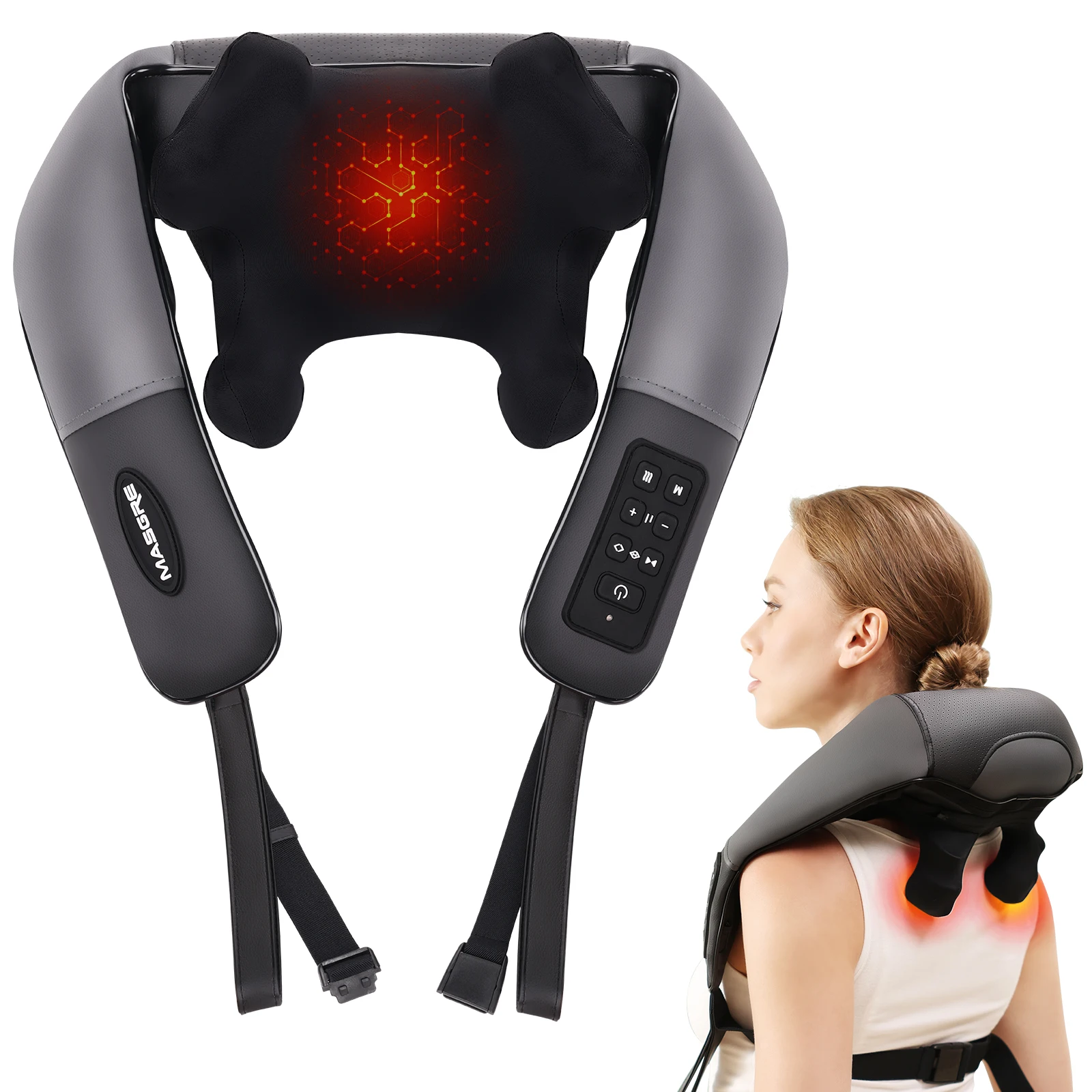 

Masgre Upgarded Adjustable Width Electric Deep Tissue 4D Kneading Massage Cordless Neck Massager with Heat Gifts for Mom Dad