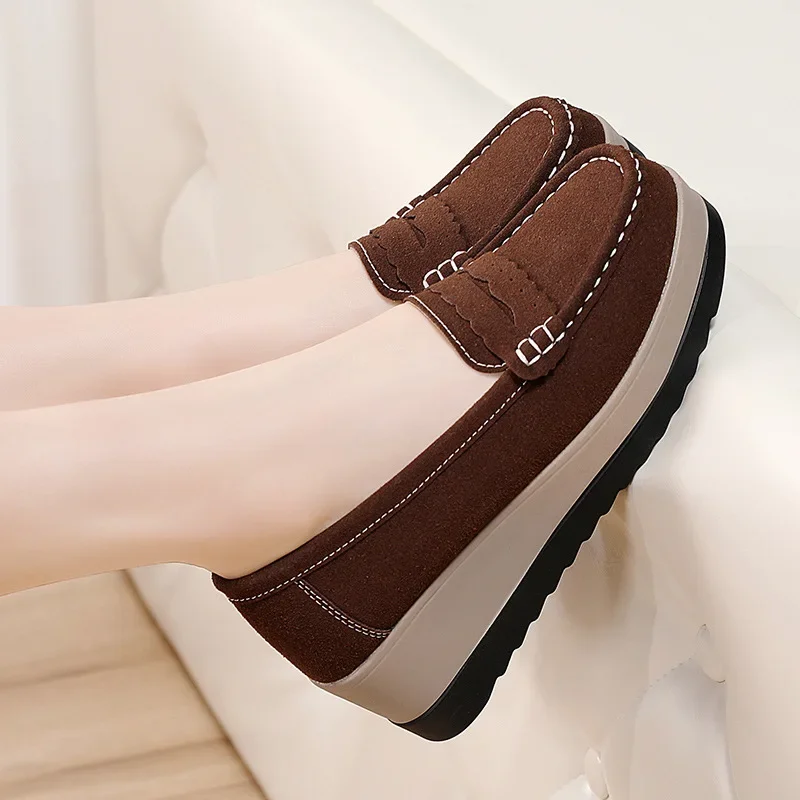 Women Platform Wedge Loafers Ladies Suede Leather Moccasins Shoes Woman Slip on Walking Casual Shoes Zapatos Mujer 2025