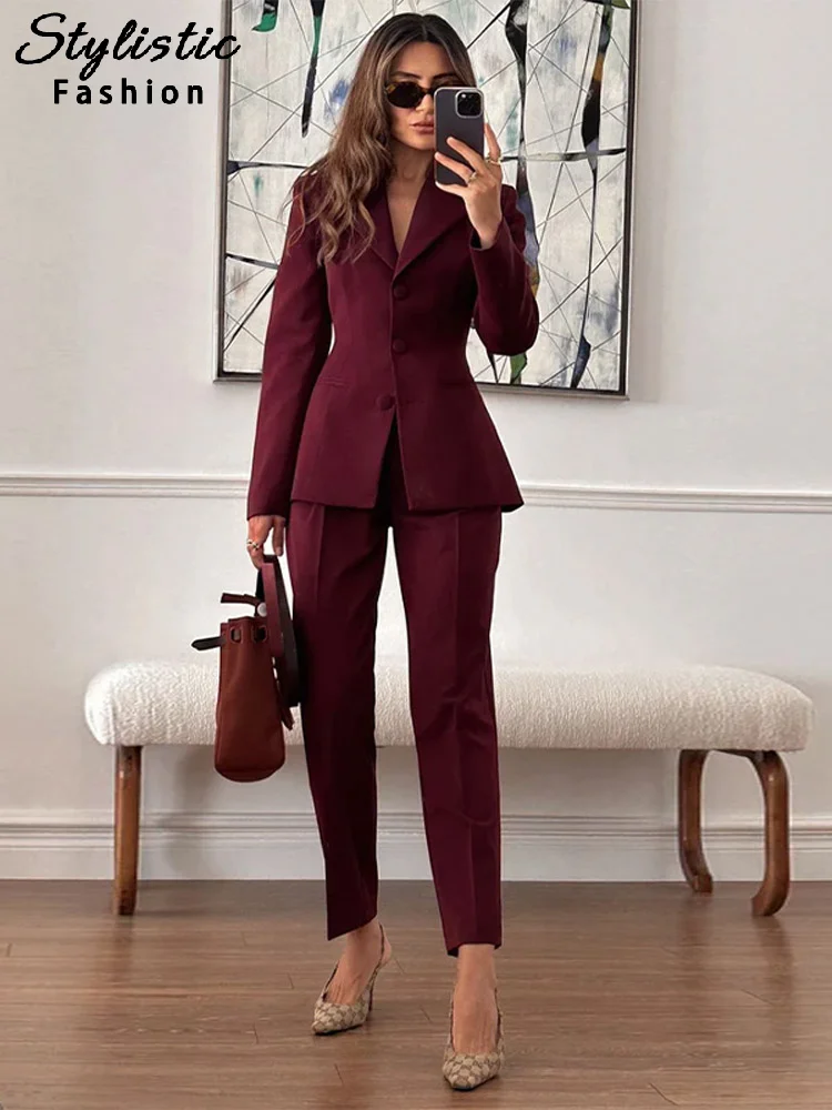 Elegant Suit Pants Set Women Slim Lapel Long Sleeve Single Breasted Coats Straight Wide Trousers 2025 Spring Office Lady Outfits