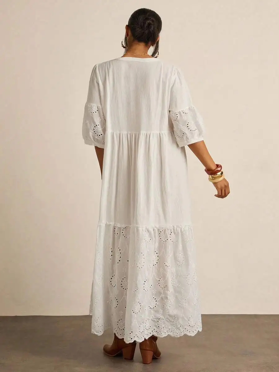 

White Bohemian A-Line Long Dress With Eyelet Embroidery For Women Summer Casual Beach Wedding Guest